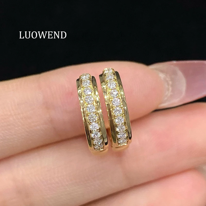 

LUOWEND 100% 18K Yellow Gold Earrings Real Natural Diamond Hoop Earrings Elegant OL Style High Wedding Jewelry for Women