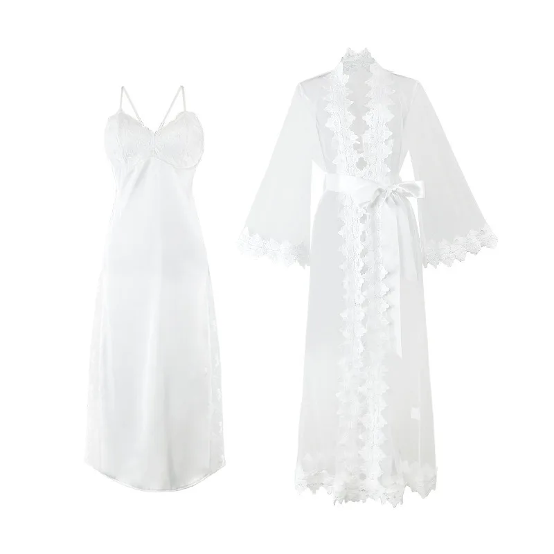 Women's Sleep Temperament: Slip Dress, Dressing Gown, Two-piece Set, Water-soluble Floral Mesh, Lace Splicing, Long Loungewear