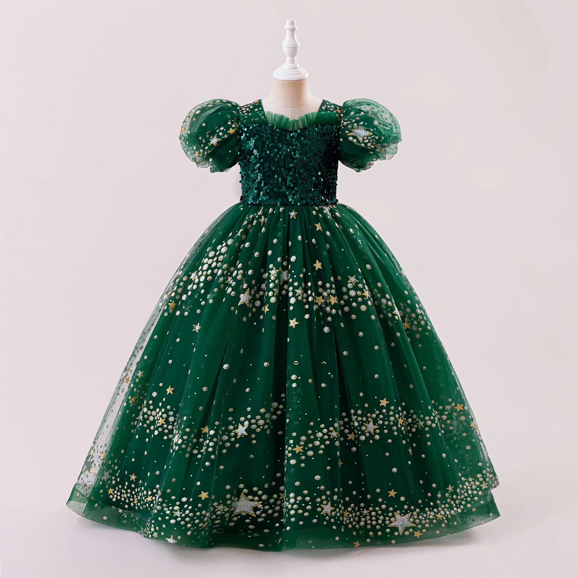 

Luxury Christmas Party Dress For Girls Puff Sleeve Star Sequins Tulle Princess Dress For Kids Wedding Birthday Xmas Pageant Gown