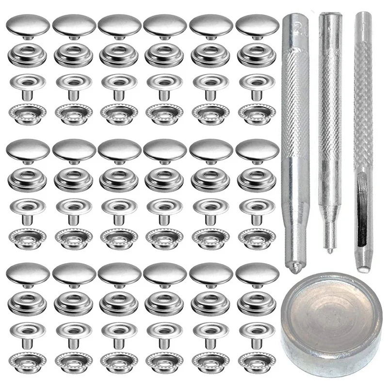 AB51 72Pcs 15MM Stainless Steel Fastener Snap Stud Button for Marine Boat Canvas with Punching Set Tool Kit Silver