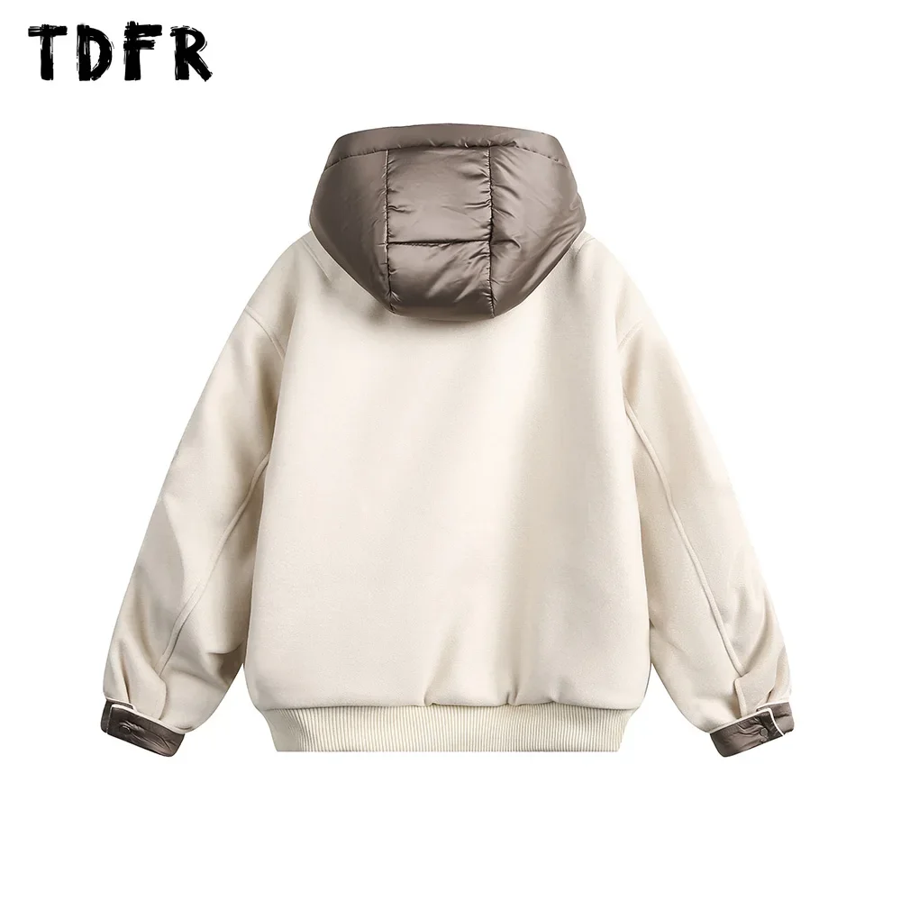 Letter Spliced Quilted Jacket Mens Removable Hat Streetwear Winter Long Sleeve Thick Outerwear Men