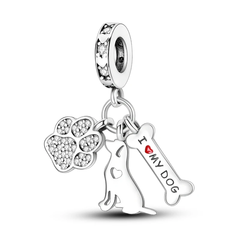 Charm Plata 925 Pet Charm Collection, Paw Print Dog Bone Heart Charms Beads Fits 3mm Original Bracelet Womens DIY Jewelry Gifts
