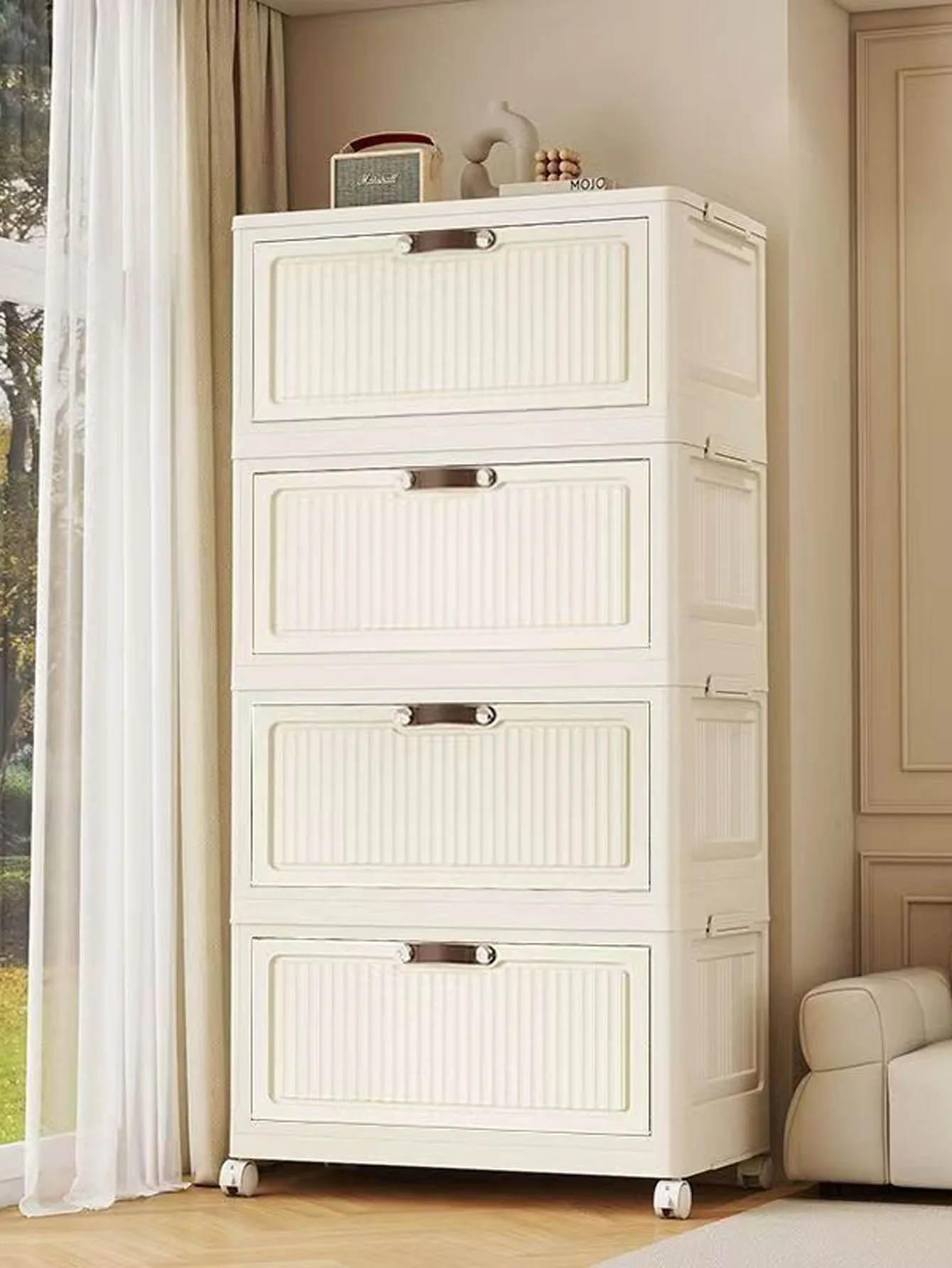 

Foldable Multi-Layer Storage Rack Flip Cover Kitchen Bathroom Living Room Snack Organizer Cabinet No Installation Required