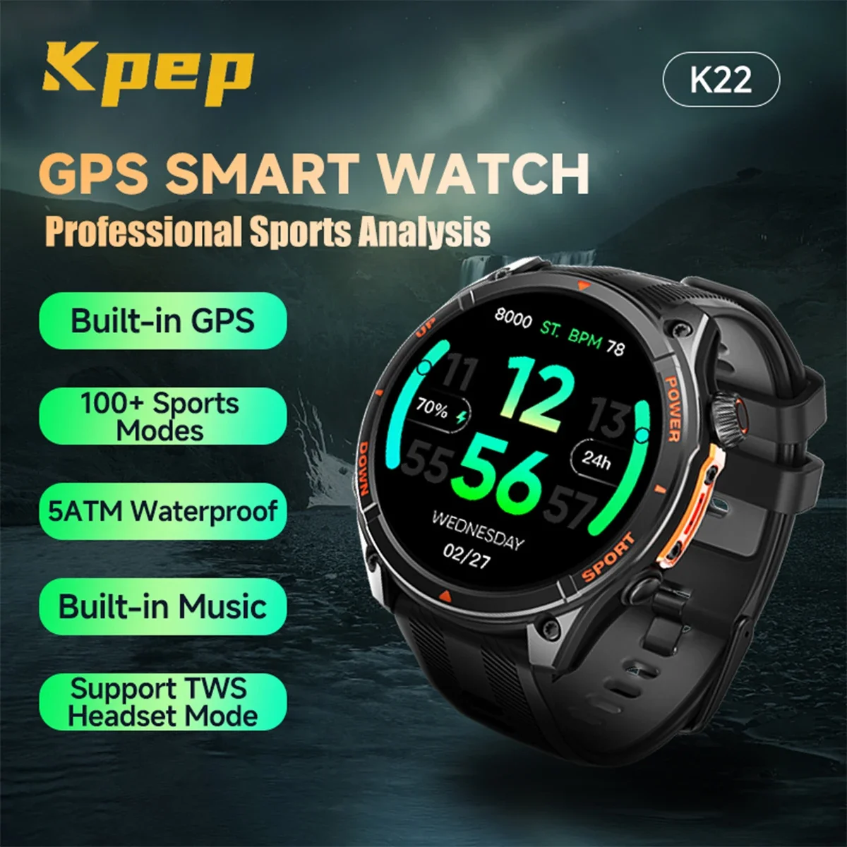 

KPEP K22 GPS Смарт-часы 1,43-дюймовый AMOLED-дисплей Встроенный GPS\компас 5ATM 110+ Спортивные режимы Память 2 ГБ с музыкальной гарнитурой TWS