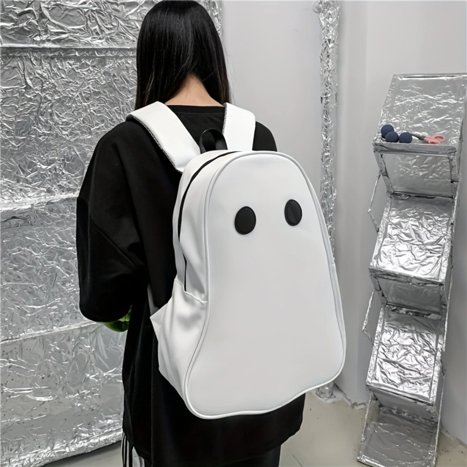 

Funny Ghost Shape Large Capacity Backpack, PU Leather Textured School Backpack, Fashion Travel Commuter Bag