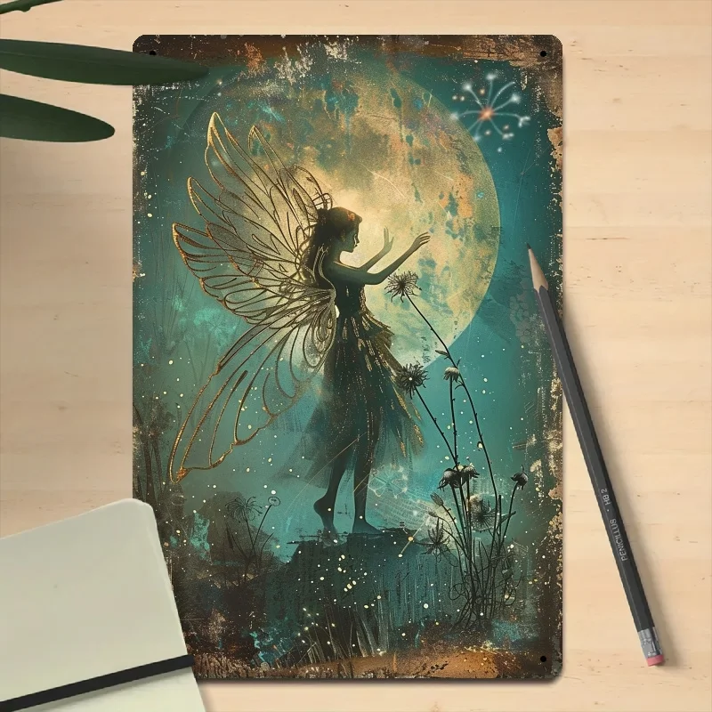 Enchanting Dandelion Fairy Vintage Metal Wall Art - 8.0X12.0 inch Iron Plate with Magical Night Sky Design, Perfect for Living R