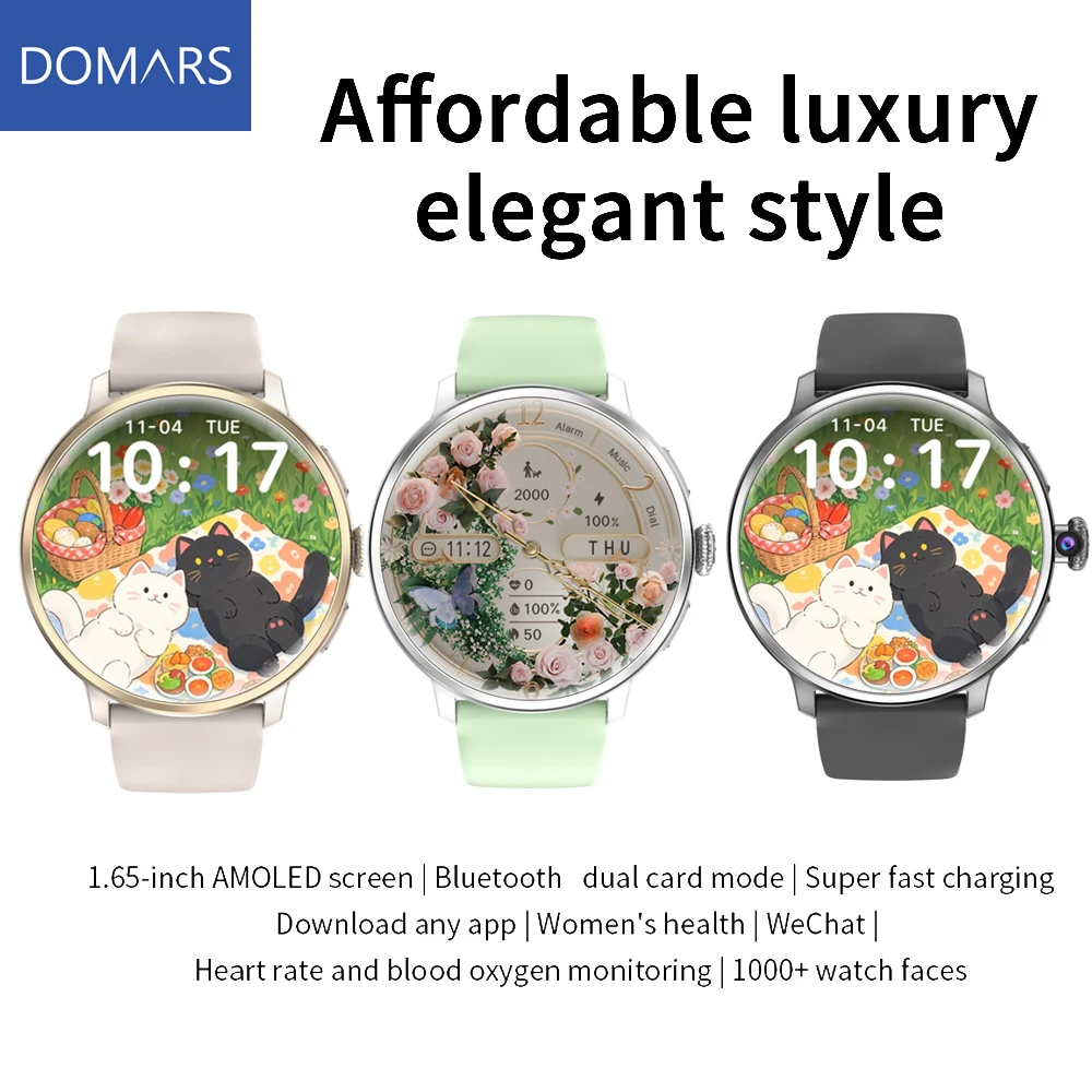 Domars Women Smartwatch 1.65inch Amoled 5G Full Netcom Smart Watch With 190° Rotary Camera GPS WIFI NFC Sim Card Slot