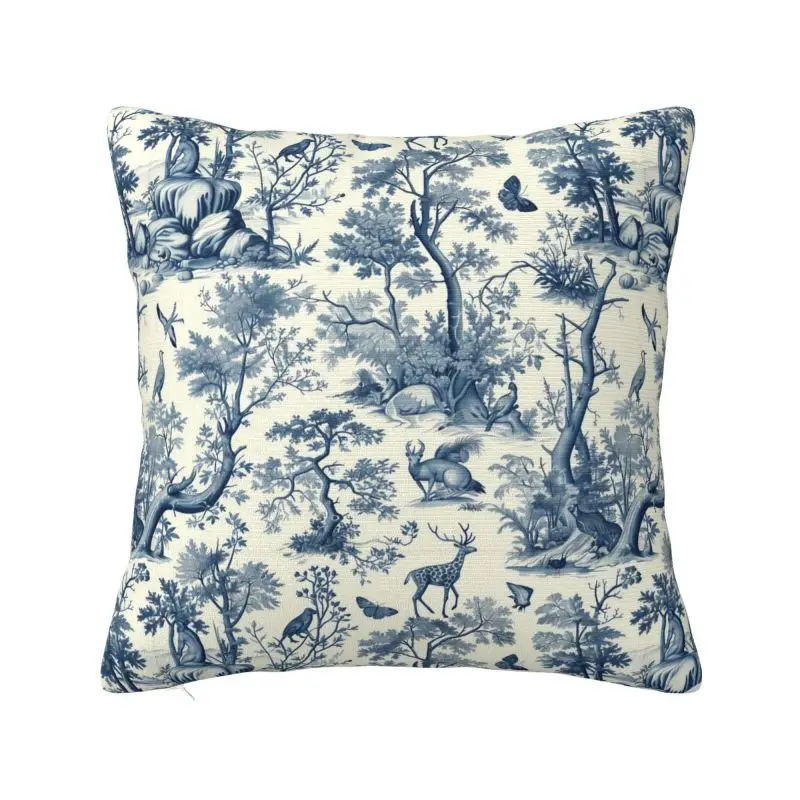 

Чехол для подушки Toile De Jouy с синими чернилами, украшение для дивана, узор Jouy, деревья, олень, бабочка, квадратный чехол для подушки