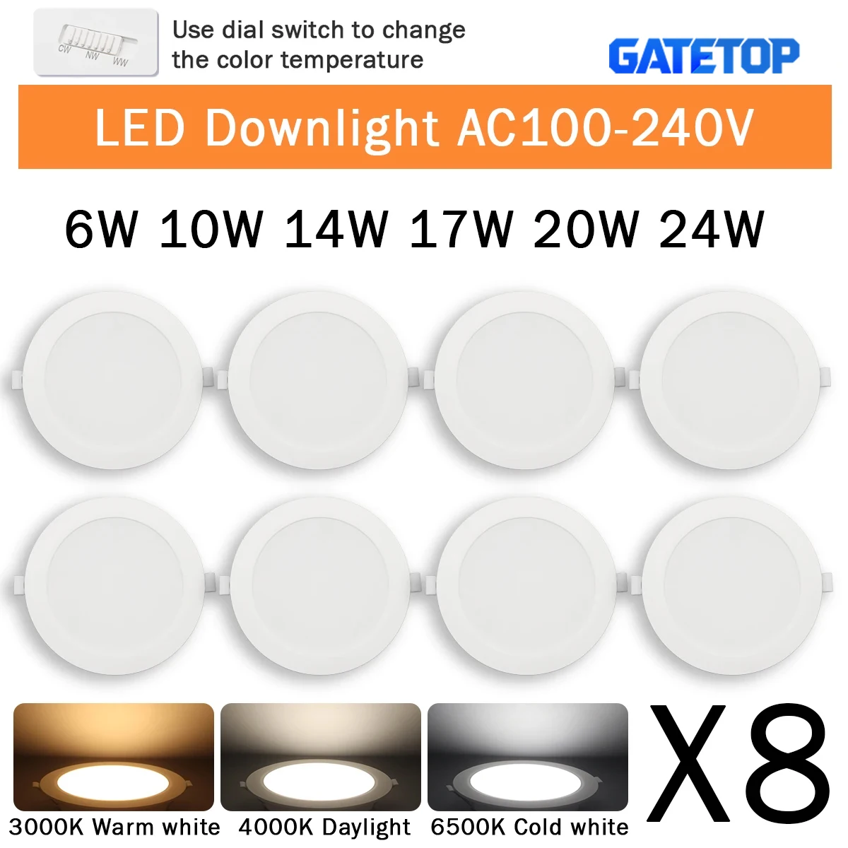 8PCS LED Downlight AC100-240V 3 CCT LED Ceiling Spot 6W 10W 14W 17W 20W 24W Recessed in Downlight Light Cold Warm White Lamp