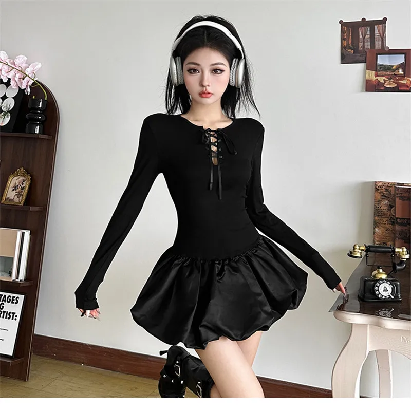 Ballet Style Hollow Lace Up Straps Black Mini Dress Women French Hepburn Style 2026 New Fall Long Sleeve Ruffles Petal Bud Dress