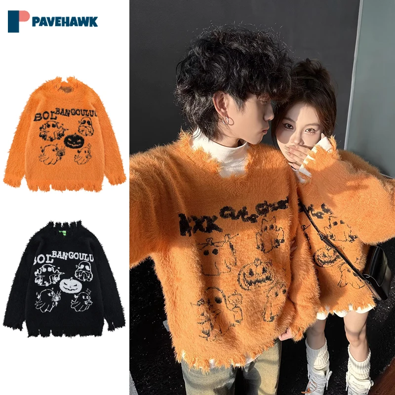 

Irregular Hole Knitted Sweater Pullover Man Woman Hip Hop Interest Cartoon Jacquard Knit Jumper Harajuku Winter Couple Sweaters