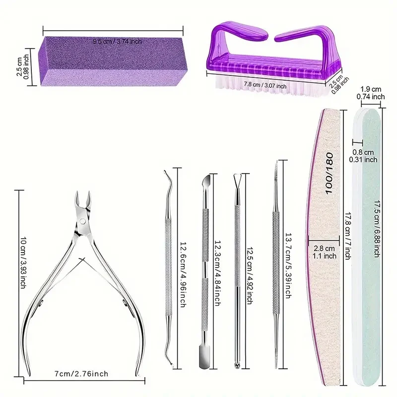 Cutícula Nail Clippers Set, Polimento Buffer File, Escova De Limpeza, Tesoura De Pele Morta, Kits De Cuidados De Manicure, 12 Pcs