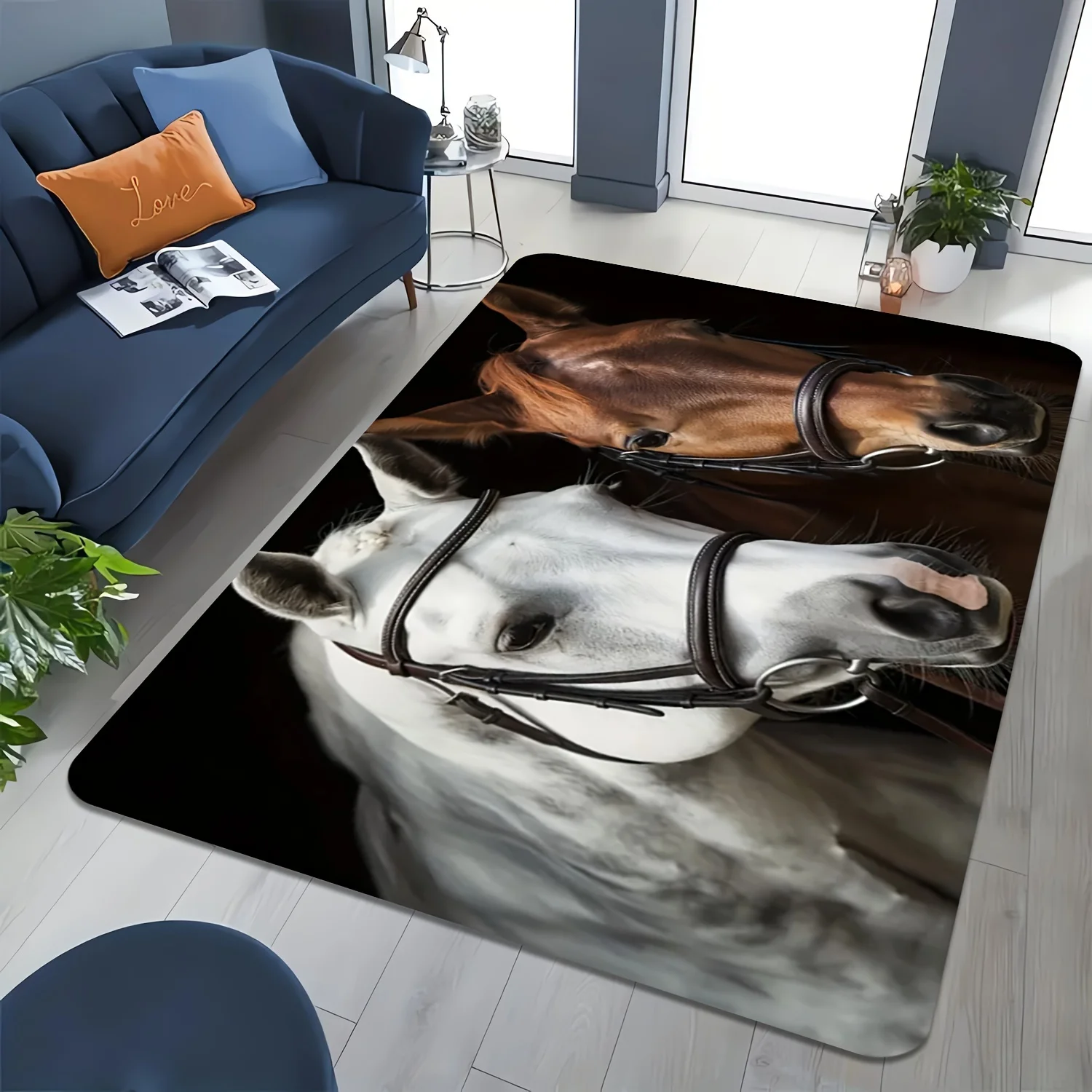 Realistic Horse Profile Area Rug Equestrian Animal Art Floor Mat Modern Farmhouse Decor Gift for Horse Lovers Living Room