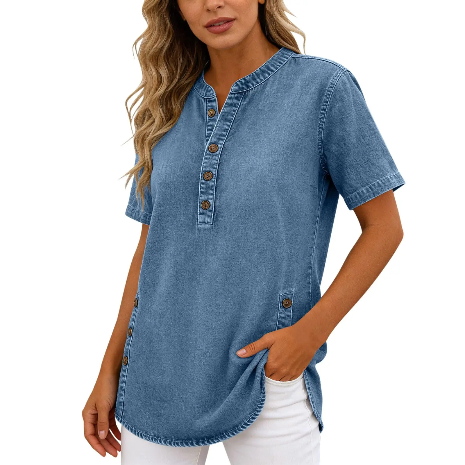 Casual Loose Fit Solid Color Curved Hem Tops Women Shirt Casual Blouse Short Sleeve Jeans Shirts Jeans Women'S Shirt рубашка