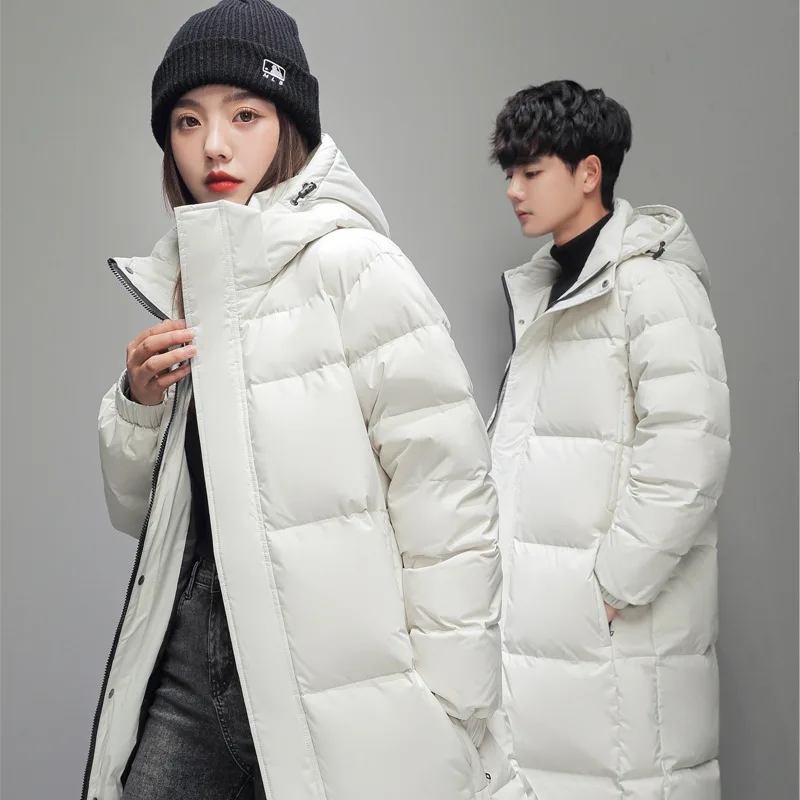 White Duck Down Puffer Jacket Men\'s Down Jackets Women Winter Couple Outfit Warm Parka Hooded Thicken Overcoat Long Knee Length