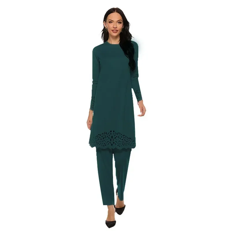 

Plus Size Women Muslim Long Blouse Tops Pants Trousers 2 Piece Set Dubai Turkey Kaftan Abaya Dress Outfits Suit Islamic Clothing