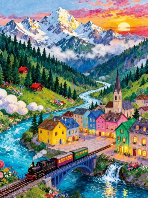 500/1000/1200/2000PCS Jigsaw Puzzle Alpine Village Steam Train Snow Mountain Sunset River DIY Puzzle Home Decor Art Gift