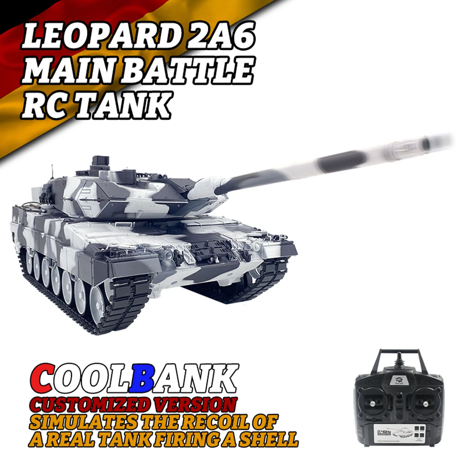 Czołg RC 1:16 7.0 Leopard 2A6 Heng Long 3889 Elektryczny z Metalową Skrzynią Biegów, Zawieszeniem, Barami, Funkcją BB, IR, Efektem Odrzutu Broni, Dźwiękiem i Światłem