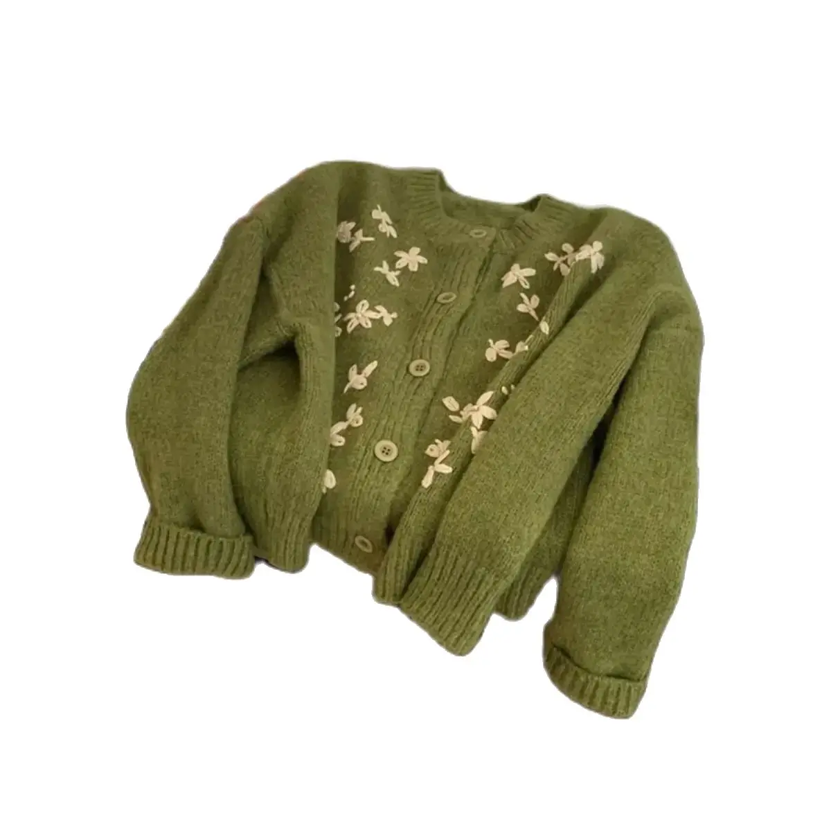 Dzianinowy kardigan American Vintage Cozy Cardigan Bohemian Flower Embroidery Autumn Winter Prairie Chic Sweter Green Top