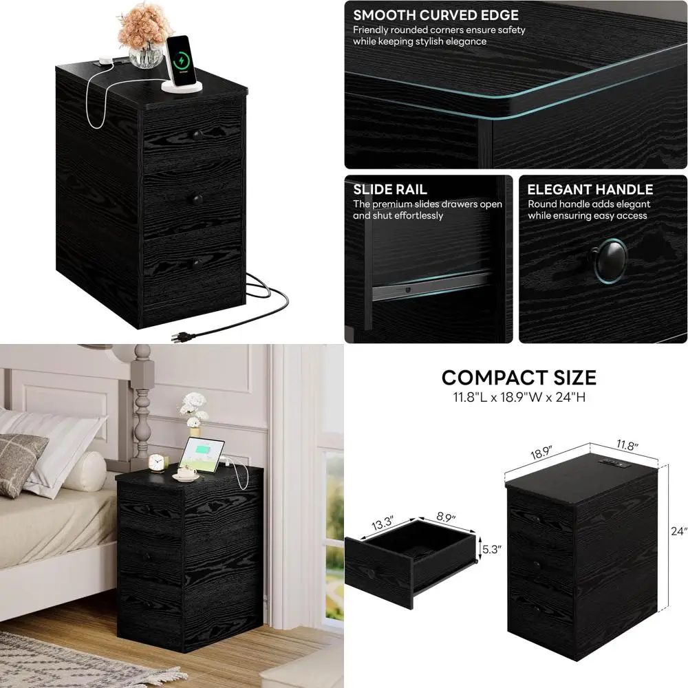 

Прикроватный столик-станция для зарядки, тонкая тумбочка с 3 ящиками, прикроватный столик с USB и розеткой, приставной столик для гостиной/спальни