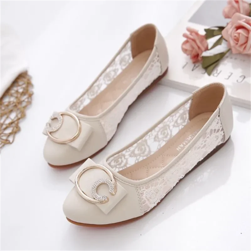 Mesh Single Shoe For Women Flat Shoes Spring Autumn Hollow Soft Sole Shallow Mouth Breathable Female Bean Shoes