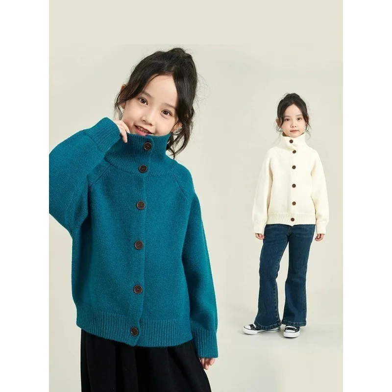 

Girls' Sweater Autumn and Winter New Children's Large Lapel Sweater Cardigan Girls' Stand-up Neck Knitted Sweater Warm Jacket