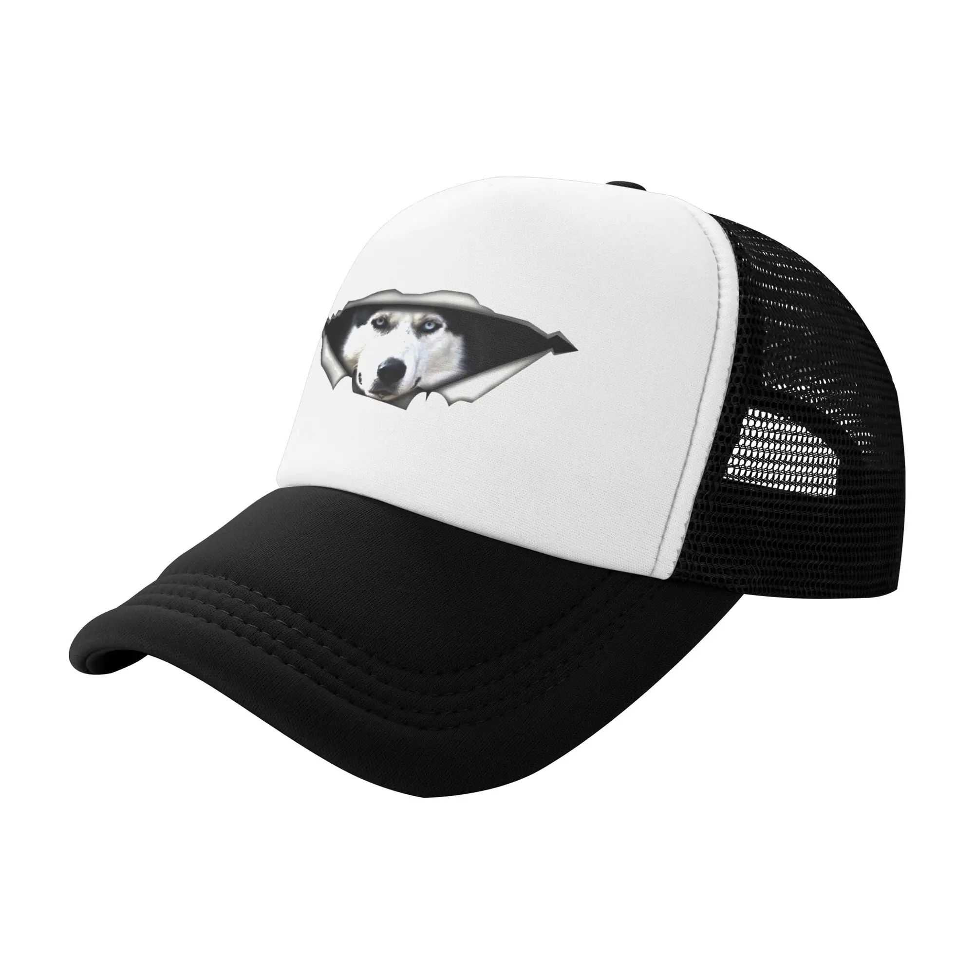 Husky Peeking Graphic Trucker Hat Unisex Adjustable Breathable Black White Summer Cap