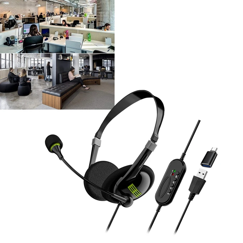 USB Computer Headset Business Operator Special Headset Wired Headset In-Line Control Headset With Typec Adapter, Durable