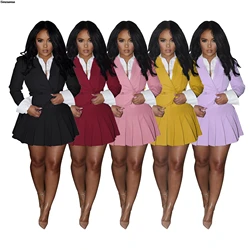 Women Fashion Two Piece Outfits Patchwork Long Sleeve Blazer Matching Pleated Mini Skirts Suits Elegant Work Office 2 Piece Sets