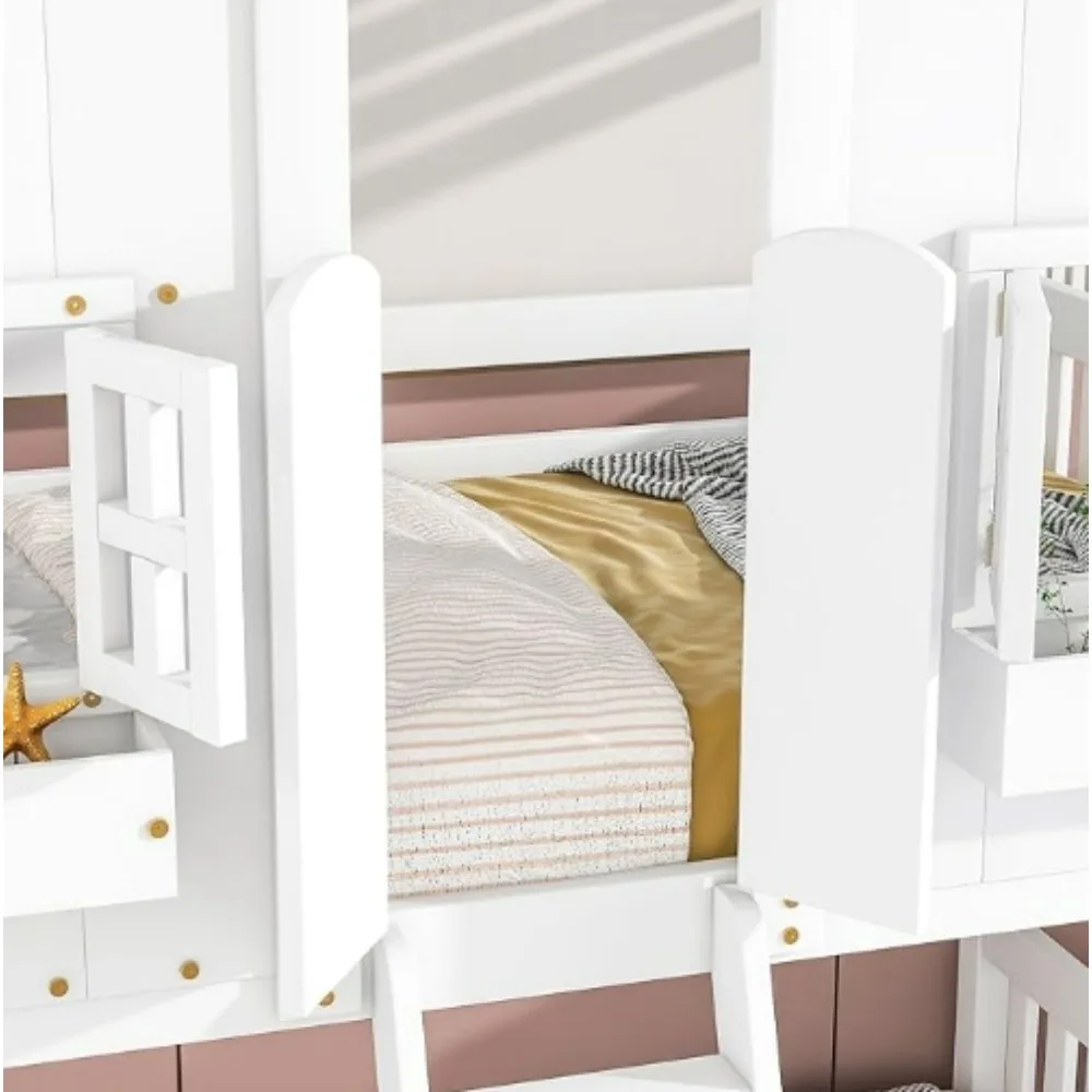 Beliche de casa dupla, cama de chão para crianças, cama macia com telhado e porta/janelas prateleiras de armazenamento embutidas, para meninas, meninos-branco