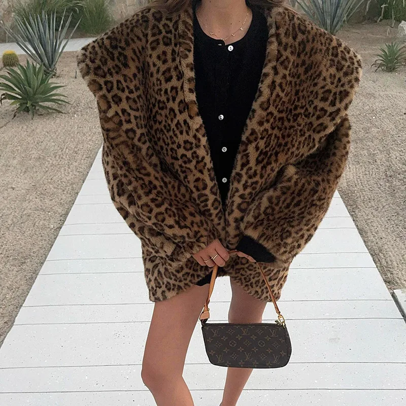 Tornova Retro Leopard Furry Oversized Lapel Jacket Women's Long Sleeve Print Warm Overcoat Autumn Winter New Office Lady Coat