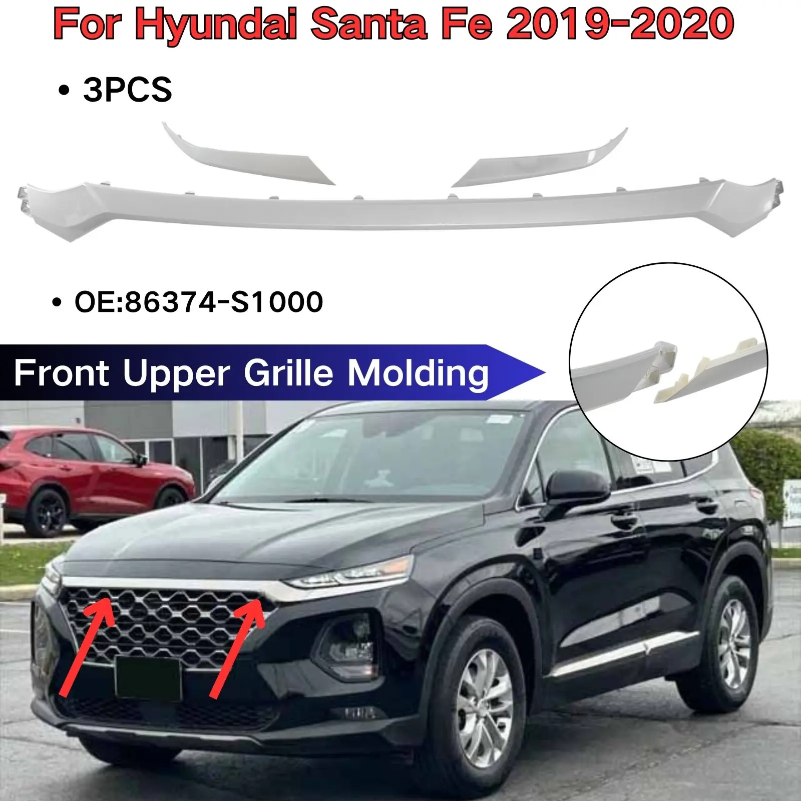 

Для Hyundai Santa Fe 2019-2020 гг., передняя верхняя решетка, молдинг, накладка на капот, новые 3 шт., автомобильные аксессуары, комплект кузова OE 86374-S1000 Plascti