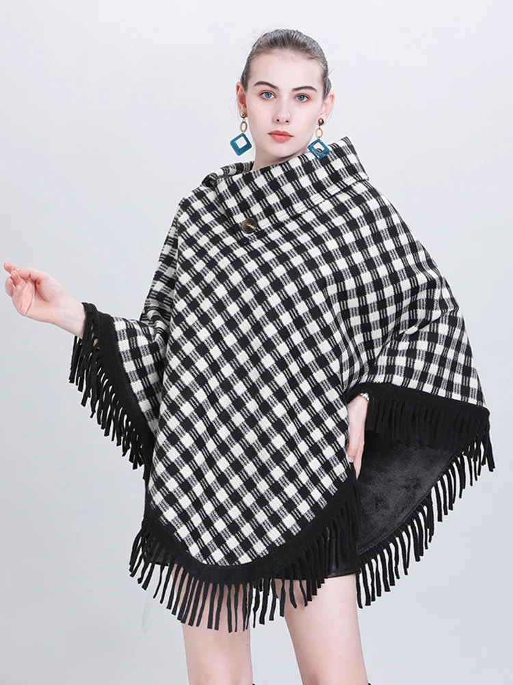 

Fashion Knitted Elegant Women Winter Ladies Vintage Plaid Pullover Tassel Poncho Thick Loose Coat Capa Para Chales Mujer Shawls