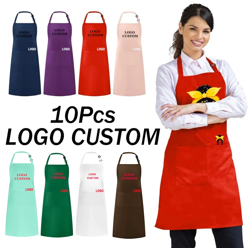 

Must Have Kitchen Apron Cotton Apron Custom Logo Adjustable Aprons For Women And Men Professional Hair Salon Baber Apron 10Pcs