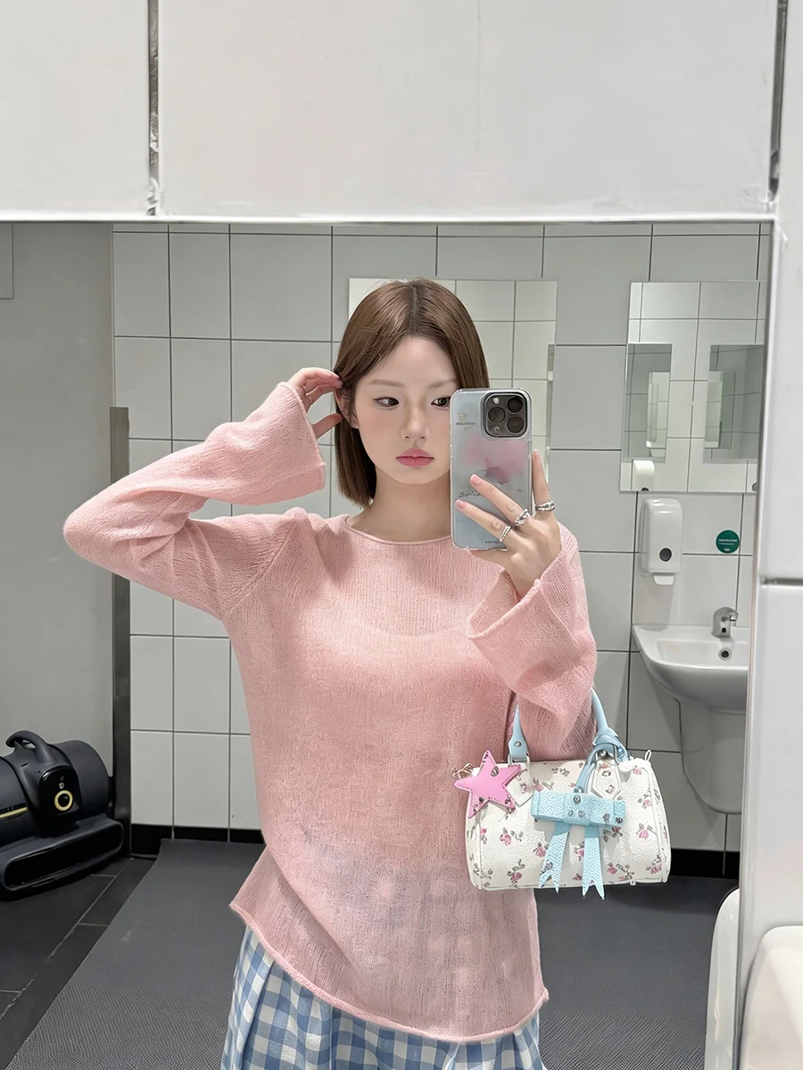 

Pink Romantic One-oulder Soft Slim Fit Knitted Base Layer Top with Bell Sves Pullover Spring Summer Casual Wear for Women