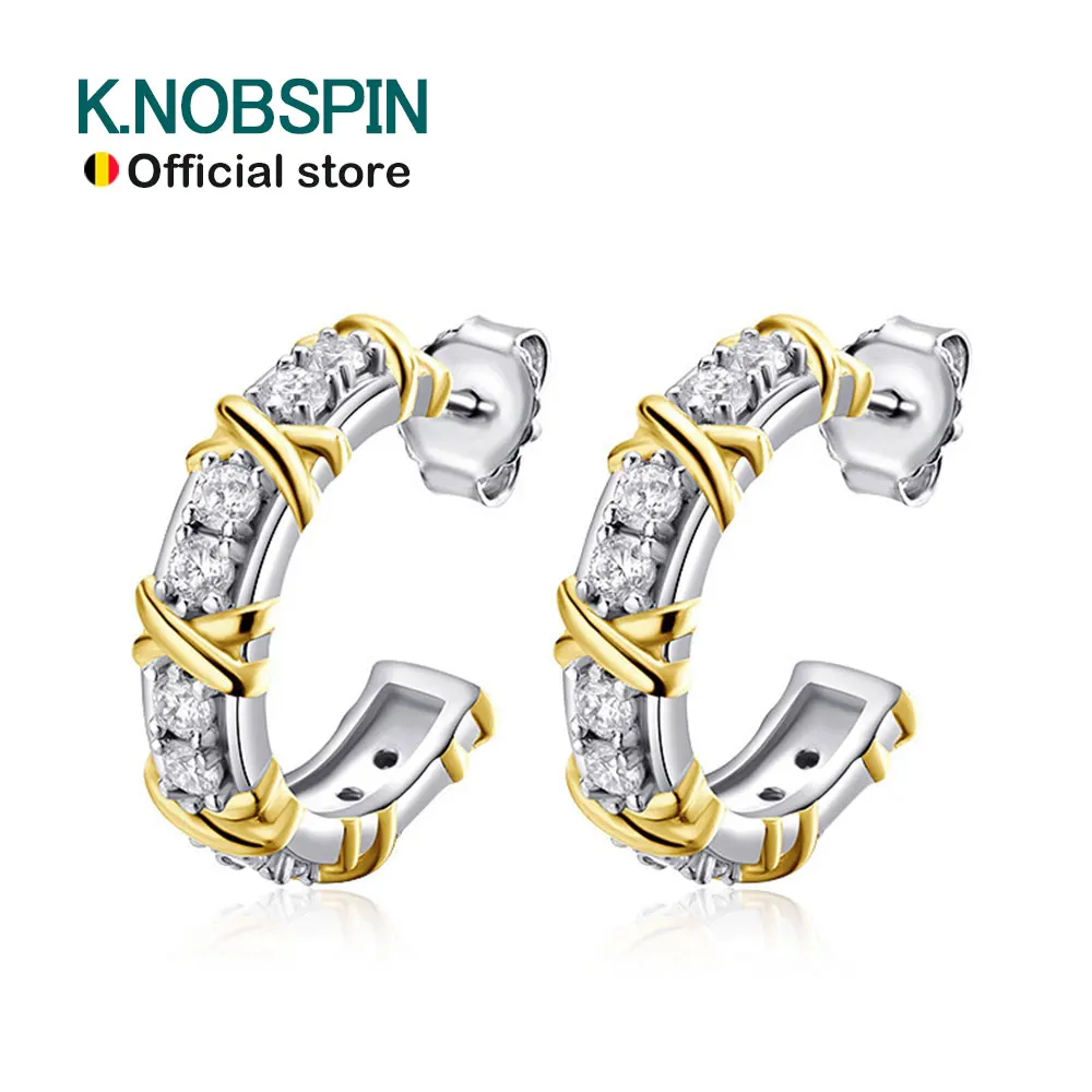 KNOBSPIN D VVS1 Moissanite Hoop Earrings for Women Sterling Silver Earring Drop Huggie Hypoallergenic Ear Stud White Gold Plated