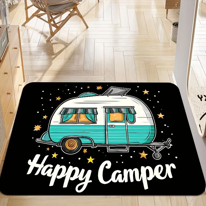 Happy Campers Camping Themed Door Mat Stain Resistant Flannel Rug for Living Room Bedroom Kitchen Office Vacation Home Decor