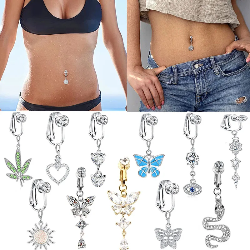 Stainless Steel Fake Belly Ring Butterfly Fake Belly Piercing Clip Umbilical Navel Belly Button Clip Drop Earrings Body Jewelry