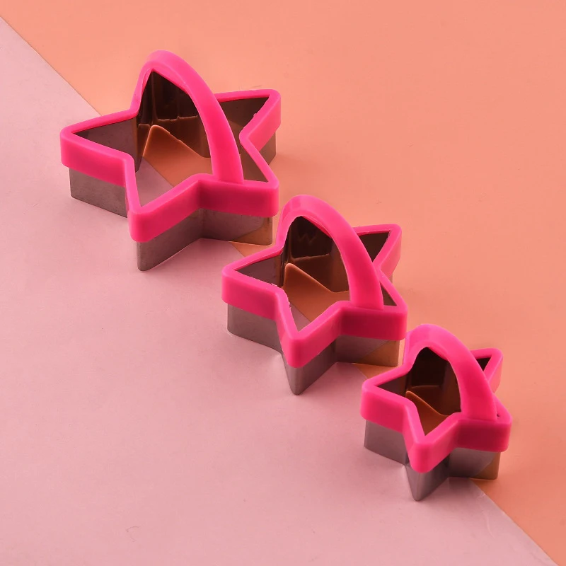 3PCS Stainless Steel Cookie Cutter With Plastic Handle Flower Heart Five-Pointed Star Shaped Baking Fondant Decoration Cake Mold