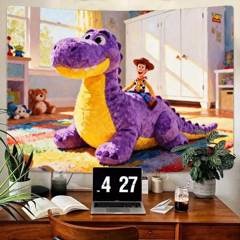 

1 шт. Disney Pixar Toy Story Вуди Рекс Фиолетовый гобелен с динозавром Современный полиэстер Настенное искусство Декор для детской спальни Подарок для мальчиков и девочек