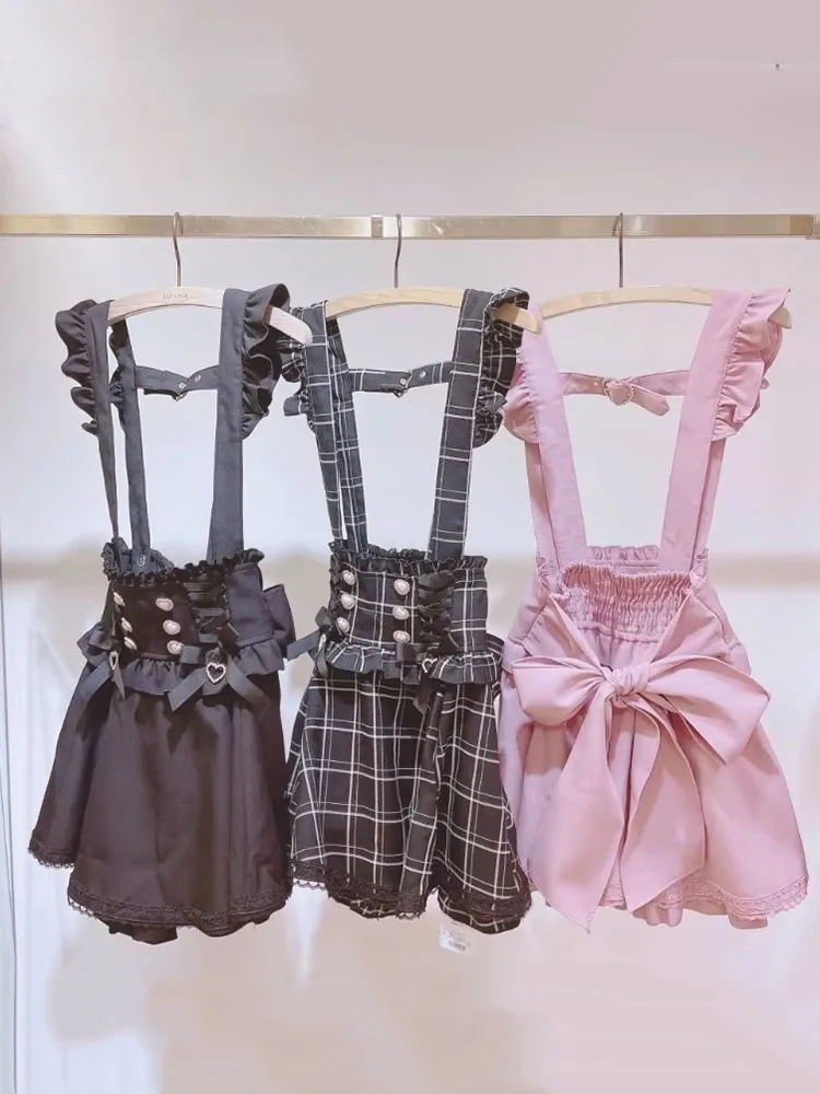 Japanese Gothic Lolita Ribbon Bow Diamond Pearl Buckle Removable Short Suspender Skirt Girls Sweet Cute Lace A-line Mini Skirts