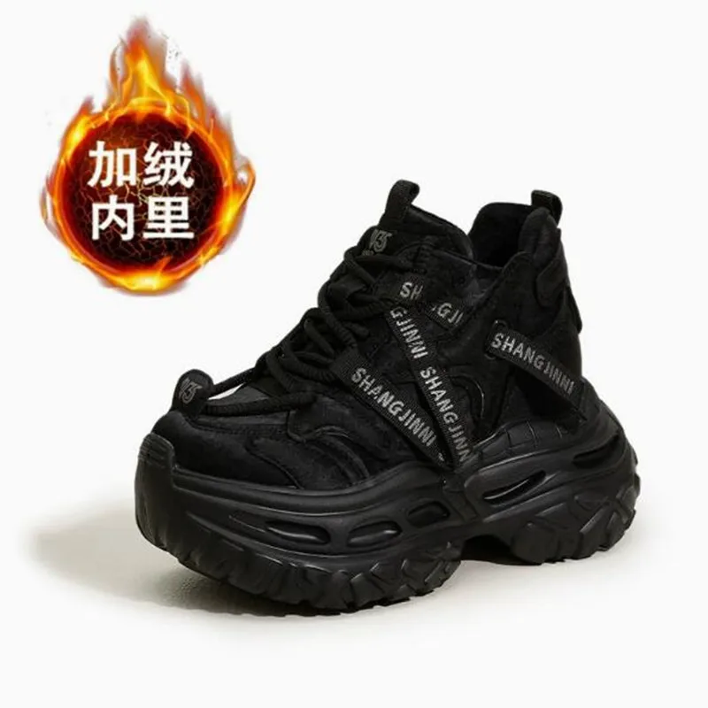

9CM Genuine Leather Women Casual Shoes 2026 Hidden Heels Chunky Sneakers Warm Fur Vulcanize Platform High Top Skateboard Shoes