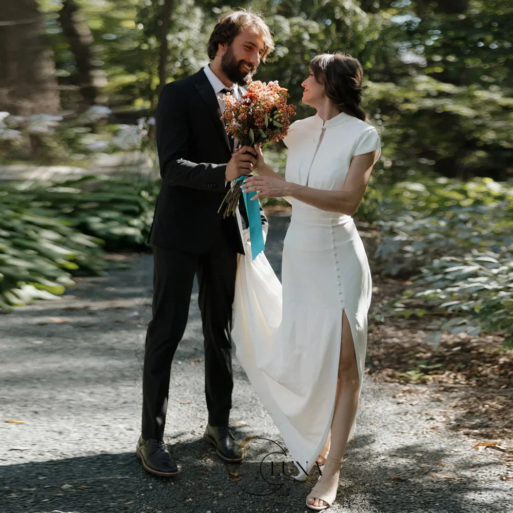Luna Customized Sleek Crepe Fit-and-Flare Wedding Dress with Keyhole Back Side Buttons and Slit Modern Bride Civil Wedding Gown
