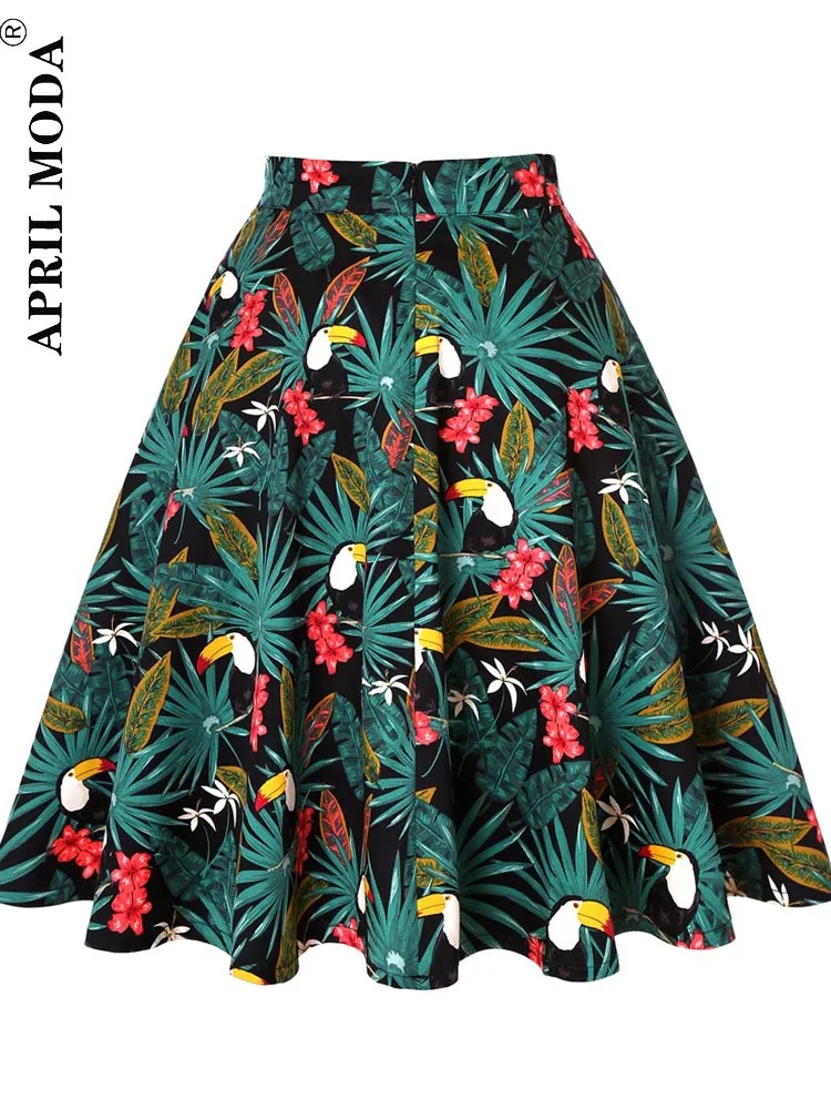 Papagei Tier Gedruckt Hohe Taille Frauen Plissee Retro Rock Robe De Cocktail Blatt 50s 60s Schaukel Casual Pinup röcke Sommer Saias