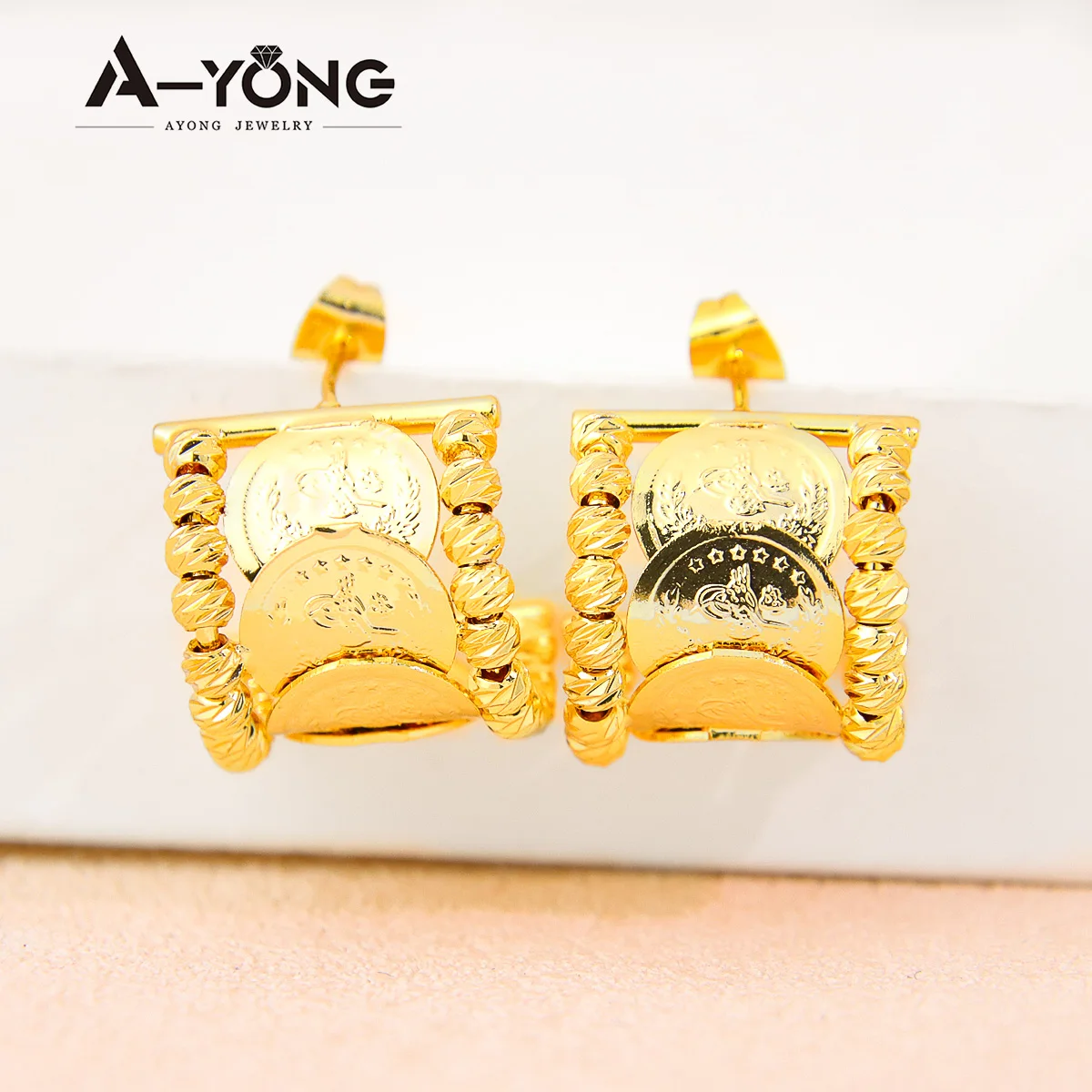 Turkish Vintage Coins Stud Earrings 24k Gold Plated Dubai Vintage Half Circle Earring Saudi Arabia Women Wedding Jewelry view 4