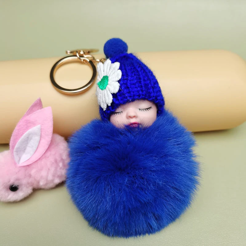 Pompom Sleeping Baby Keychain Cute Fluffy Plush Doll Keychains Women Girl Bag Keyrings Cars Key Ring Jewelry