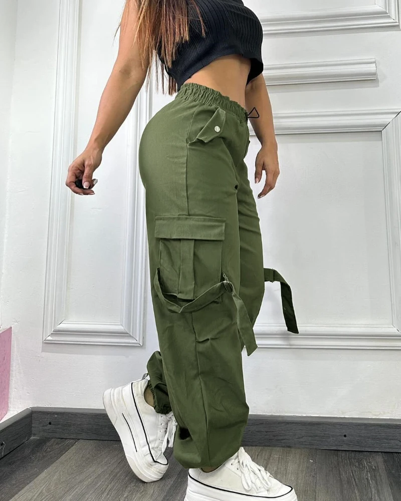 

Women's Pants 2025 Spring New Plain Side Pockets High Waist Active Cargo Pants Casual Strechy Waist Straight Leg Cuffed Pants