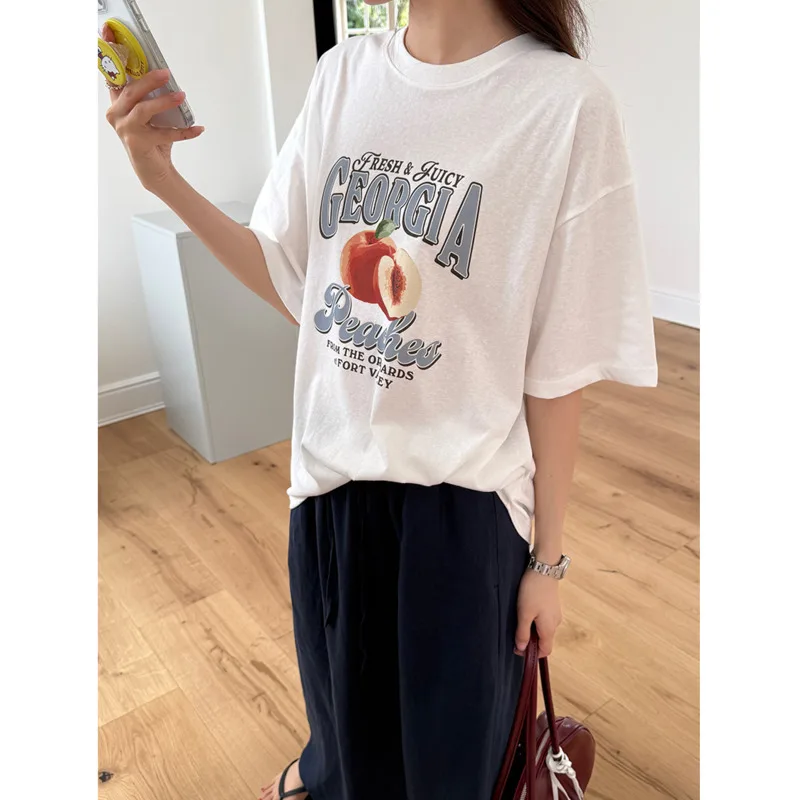 

Женская футболка с коротким рукавом с персиковым принтом, летние корейские свободные повседневные футболки с круглым вырезом, топы