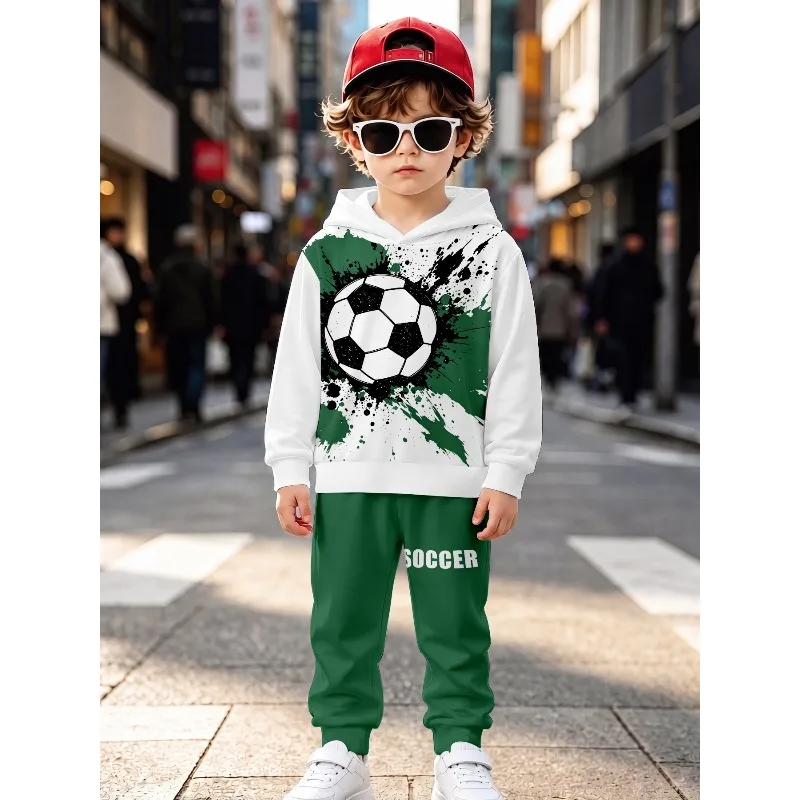 Little Boys 2 Piece Hoodie Jogger Tracksuit, Soccer Splash Skate Duck Surf Shark Cartoon Print Kids Casual Sport Outfit