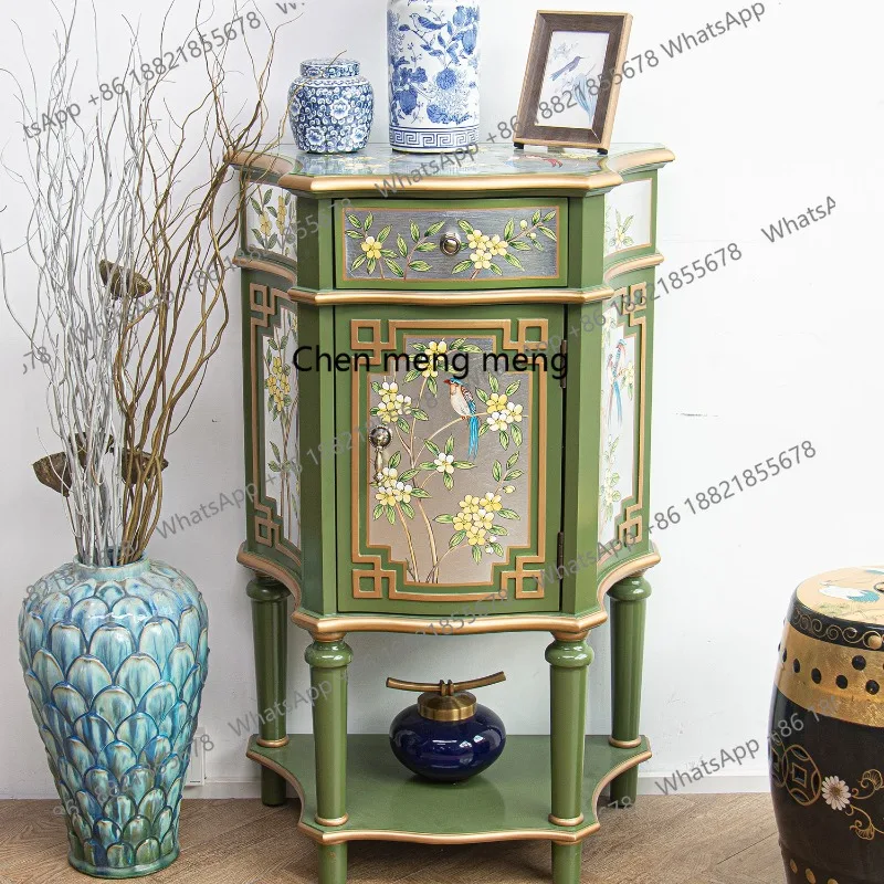 

French Chinese style flower cabinet, living room decoration entrance cabinet, hand-painted solid wood storage flower cabinet